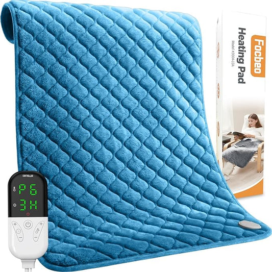 King Size Electric Heating Pad for Back Pain 32"x24" Extra Large Heating Pad for Period Cramps Relief & Body Neck Shoulder Auto Shut Off Heat Pad Temperature Settings Machine Washable Blue