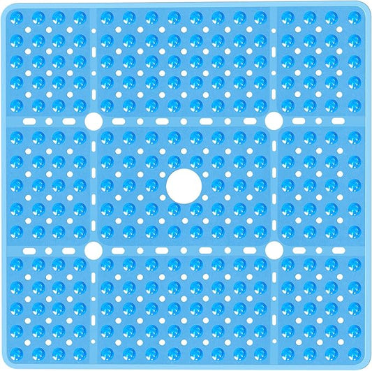 Large Square Shower Mat 27 x 27 Inch Clear Blue, Non Slip Shower Bathtub Mats for Inside Shower with Big Suction Cups Drain Holes, Anti Slip Bathroom Floor Stall Mats, Easy Clean, BPA-Free