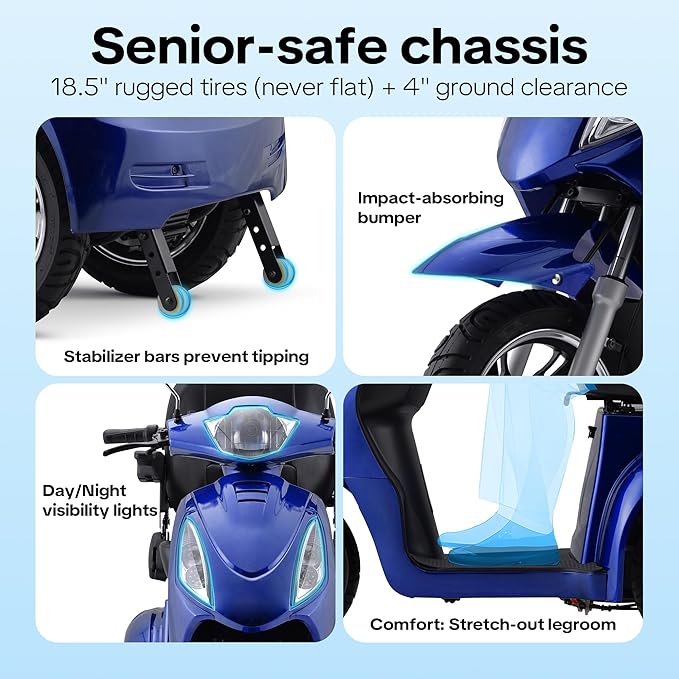 Super Large Electric 4 Wheel Mobility Scooters, Heavy Duty 800W Wheelchair Device, 25 Miles Long Range, All Terrain Mobility Scooter，Speed Adjust, Remote Key,Receive Ready to Ride (3 Wheel -Blue)