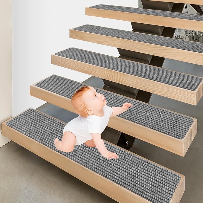 Stair Treads for Wooden Steps - Non Slip Stairs Carpet Tape Peel and Stick with Double Adhesive Tape Set of 15 Stripe- Light Grey