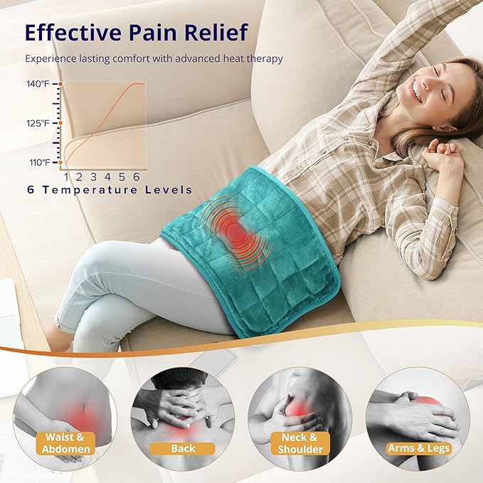 Heating Pad, Weighted Heating Pad with Massaging Vibrations, 6 Heat Settings & 4 Massage Modes,Soothing Warmth for Back & Shoulders, 12" x 24",Light Blue