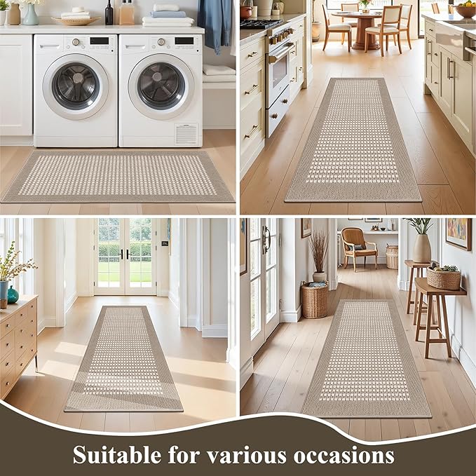 Ileading Laundry Room Runner Rug 2x5ft Non Slip Farmhouse Kitchen Floor Mats with Rubber Backing Machine Washable Indoor Doormat Low-Profile Carpet for Hallway Entryway(Beige)