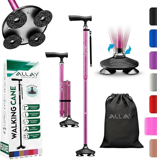 Allay Walking Canes for Men & Women - Adjustable Canes for Women for Stability, Self Standing Wide Quad Pivot Base, Light Weight, Soft Handle Grip and Travel Bag, Walking Sticks for Seniors & Adults