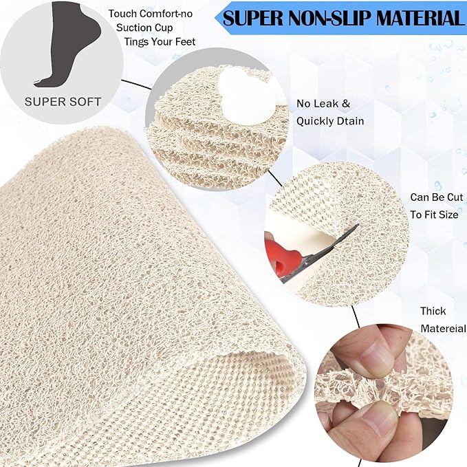 godehone Shower Mats Non Slip Without Suction Cups, PVC Loofah Bathroom Mats, Loofah Mats for Shower and Bathroom, Quick Drying, 23.6× 34.6 Inch, Beige