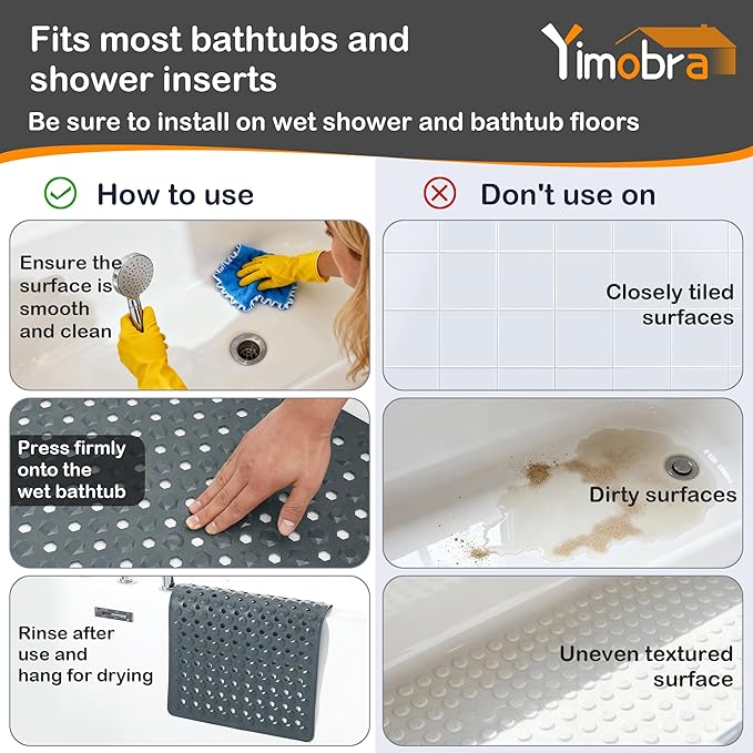 Yimobra Bath Tub Mat Non Slip, 34.5"x15.5" Long Shower Mat, Machine Washable Bathmat with Drain Holes and Suction Cups, Soft on Feet, Bathroom Essentials, Dark Grey