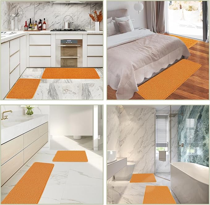 Bathroom Rugs Sets 2 Piece – Absorbent and Washable Bath Mat, Non-Slip, Thick Soft Chenille Bath Rugs for Bathroom Floor, Shower, Sink(17" x 24"+17" x 47", Flame Orange)