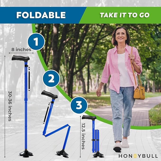 HONEYBULL Walking Cane for Men & Women Foldable, Adjustable, Heavy Duty, Free Standing, All Terrain, Collapsible Walking Sticks for Seniors & Adults