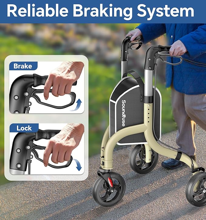 SOUNDFUSE 3 Wheel Walkers for Seniors, Lightweight Foldable Aluminum Rollator Walker, Height Adjustable Three Wheel Walker, Champagne