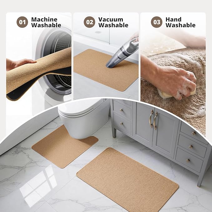 Bathroom Rugs Sets 2 Piece, Thin Bath Mat Absorbent Quick Dry, Machine Washable, Rubber Backing for Non Slip, Low Pile Cozy Cloth Bathroom Rug Set for Tub/Sink/Shower (27"x17" & 30"x19", Khaki)