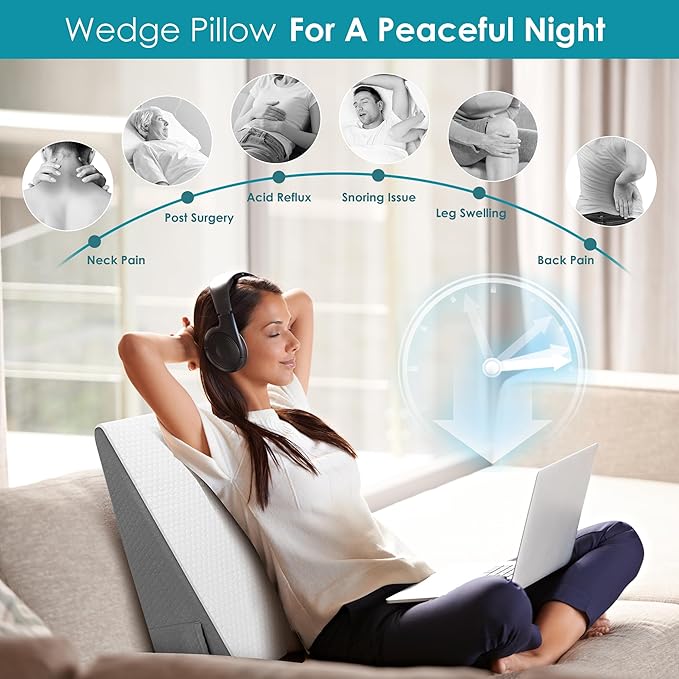 Sleeping Bed Wedge Pillow for Adults Seniors, 10 inch Cooling Memory Foam Incline Pillow Wedge for Head, Neck & Back Support and Leg Elevation, Removable Washable Cover, White