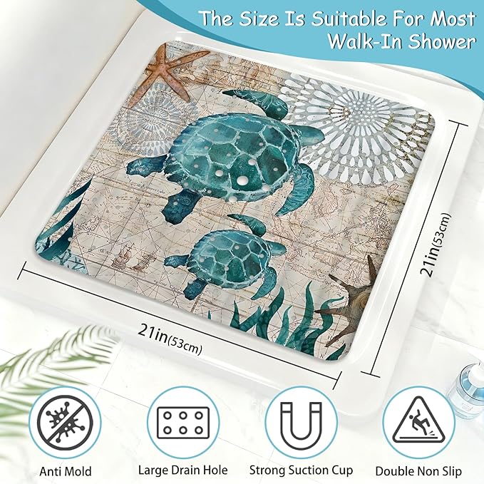 Sea Turtle Square Anti Slip Shower Mats for Inside Shower Accessories, Cute Bath Mats for Bathroom Non Slip Shower Floor Mat Decor Rubber Bathmat With Suction and Drain Holes Machine Washable, 21″X21″