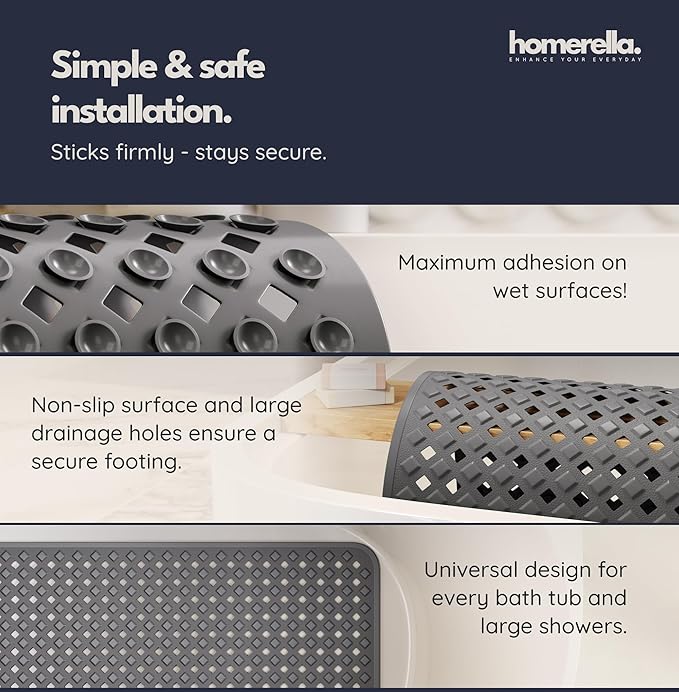 Bathtub Mat Non Slip 35x16 - homerella® Bath Mat Incl. Hooks for Drying, Extra Long, 100% BPA Free, Shower Mat Non Slip Anti Mold, Machine Washable, Shower Mats for Inside Shower Mildew Resistant