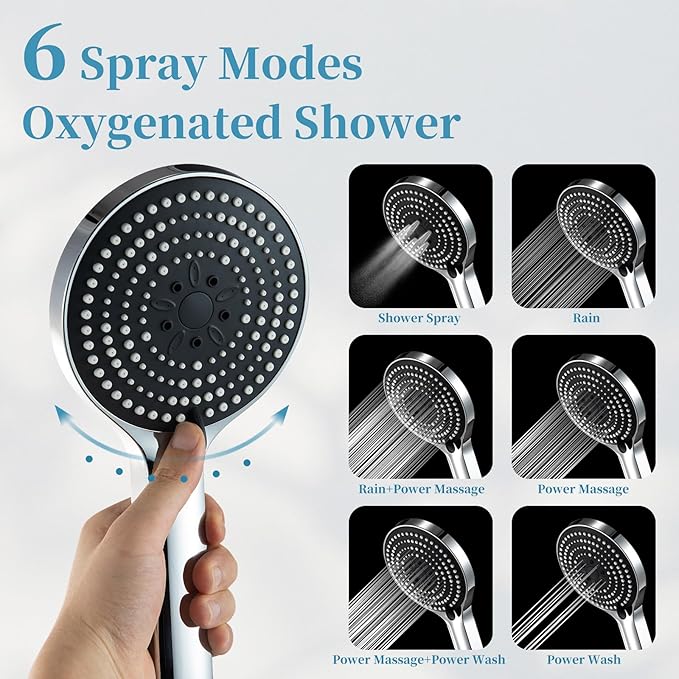OFFO Handheld Shower Head, 6-Mode High Pressure Handheld Sprayer High Flow Large Powerful Boosting Handheld Showerhead for Low Water Pressure, Chrome Finish