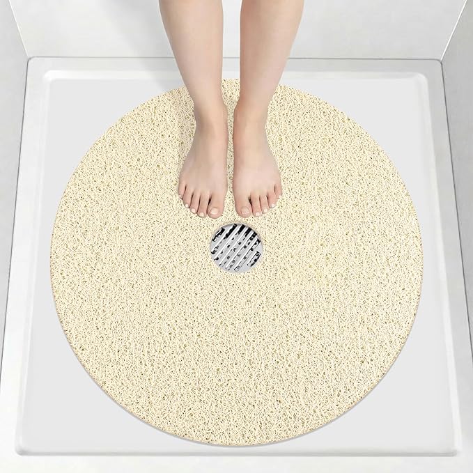 Non Slip Shower Mat: 32x32 inch Round Shower Mats for Inside Shower with Central Drain Hole, Soft Loofah Shower Floor Mat for Standing Shower Stall, RV, Tile Fiberglass Shower Pan, Quick Dry