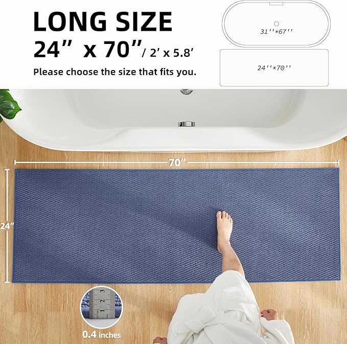 TYUU Bathroom Runner Rugs, Long Bath Mat Runner Washable Thin Quick Dry Low Pile Bathroom Runner Rugs Non Slip, Denim Blue 24"x70"