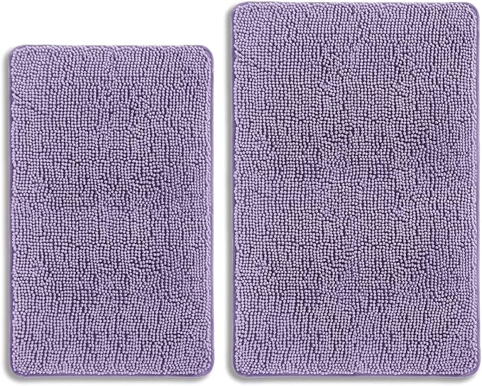Lavender Bathroom Rugs Sets 2 Piece – Absorbent and Washable Bath Mat, Non-Slip, Thick Soft Chenille Bath Rugs for Bathroom Floor, Shower, Sink - 20" x 32"+24" x 36"