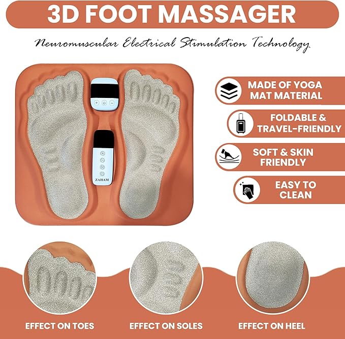 FDA Cleared TENS EMS Foot Massager Pad for Neuropathy, Circulation & Cold Feet | Foldable Rechargeable Pain Relief Mat with Remote | 2-Year Warranty (Orange)