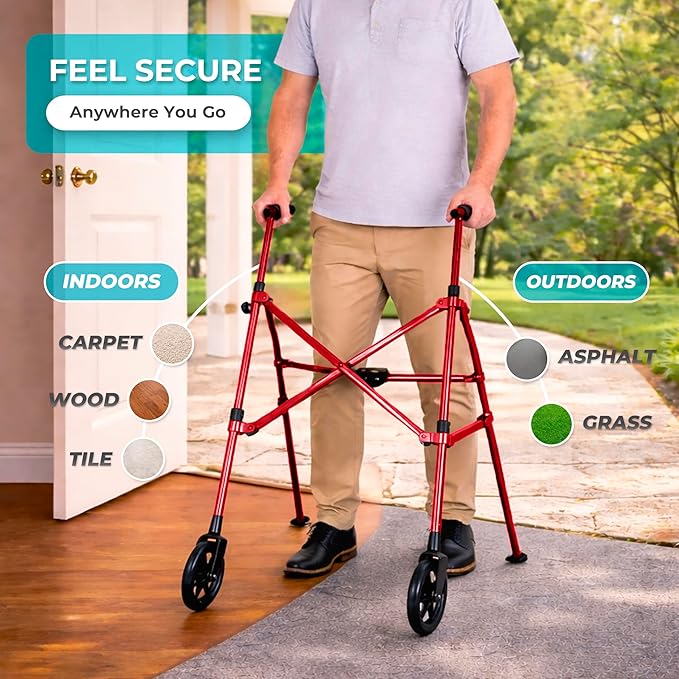 Stander Space Saver Walker, Lightweight Folding Rolling Mobility Aid for Seniors & Adults, Compact 2-Wheel Disability Device with 6-inch Wheels & Ski Glides for Walking Support, Sport Red