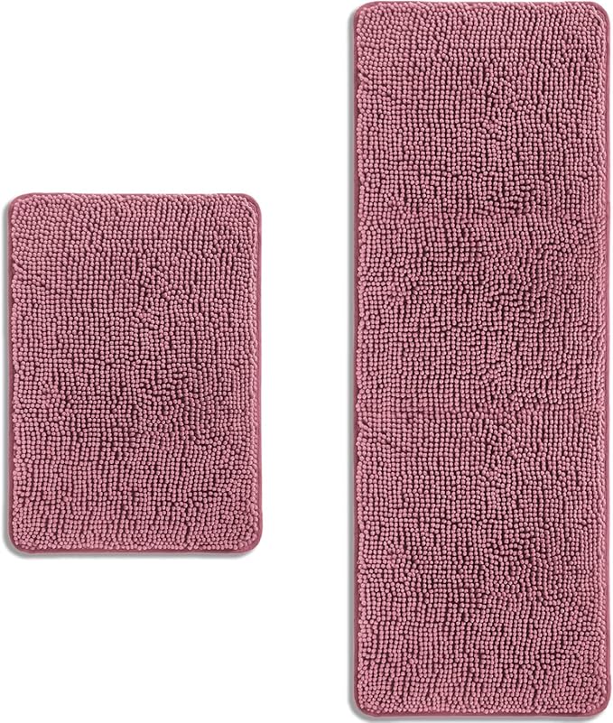 Bathroom Rugs Sets 2 Piece – Absorbent and Washable Bath Mat, Non-Slip, Thick Soft Chenille Bath Rugs for Bathroom Floor, Shower, Sink(17" x 24"+17" x 47", Dusty Rose)