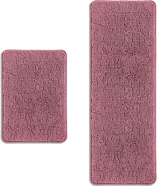Bathroom Rugs Sets 2 Piece – Absorbent and Washable Bath Mat, Non-Slip, Thick Soft Chenille Bath Rugs for Bathroom Floor, Shower, Sink(17" x 24"+17" x 47", Dusty Rose)