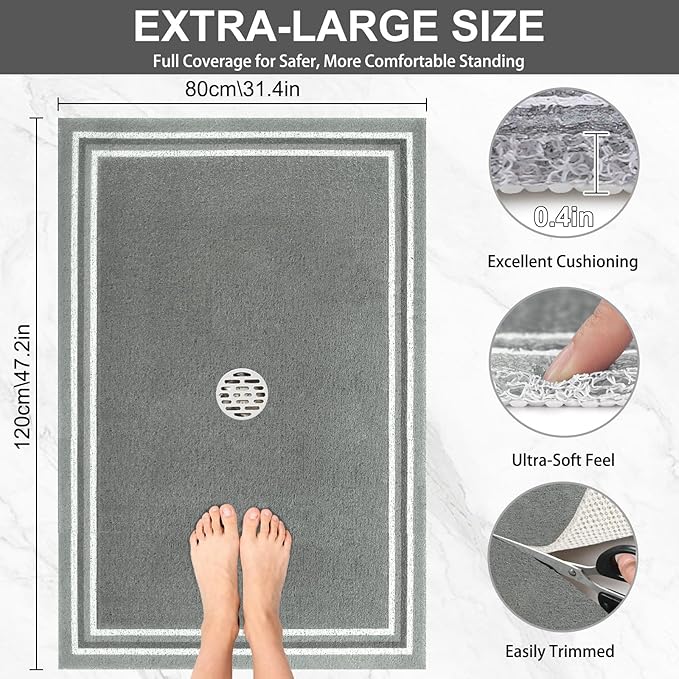Shower Mat Non Slip: 47x32 Inch Extra Large Shower Mats for Inside Shower, Anti Slip Shower Floor Mat, Loofah Shower Stall Mats for Elderly, Non Slip Shower Mat with Drain Hole in Middle