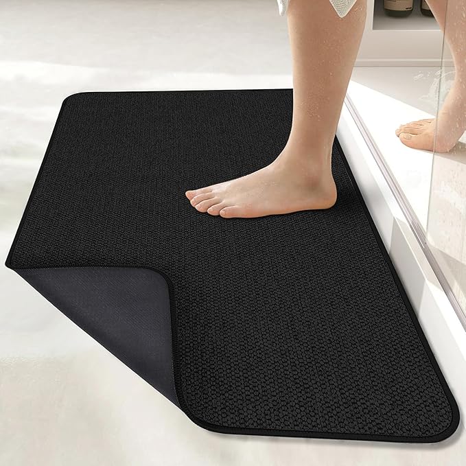 Bosap Bath Mat,Ultra Thin Bathroom Runner Rugs,Large Bath Mats for Bathroom,Quick Dry,Non-Slip,Machine Washable,Low Pile,Bath Rug,Shower Outside,Sink,Home Decor Accessories.Black,2'x6'(24x72inch)