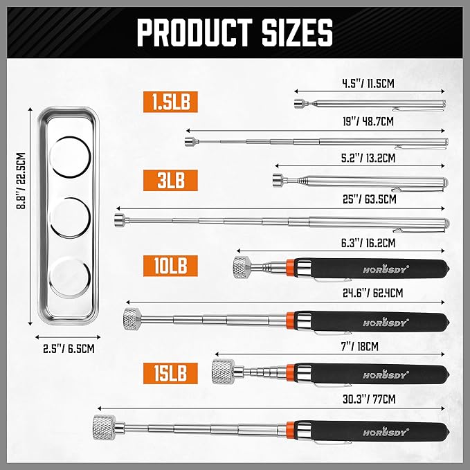 HORUSDY 5-Piece Magnetic Pickup Tools Set, Include 15LB, 10LB, 3LB, 1.5LB Magnet Sticks, Rust-Proof Magnetic Tray, Telescoping Design for Mechanics, Automotive, DIY, Gifts for Men, Dad, Husband