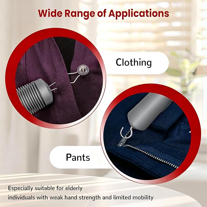 Button Hook with Zipper Pull, Button Assist Tool, Button Hook for Seniors, Disabled, Limited Hand Mobility, One Handed Button Helper Tool, Gifts for People with Disabilities, Gray