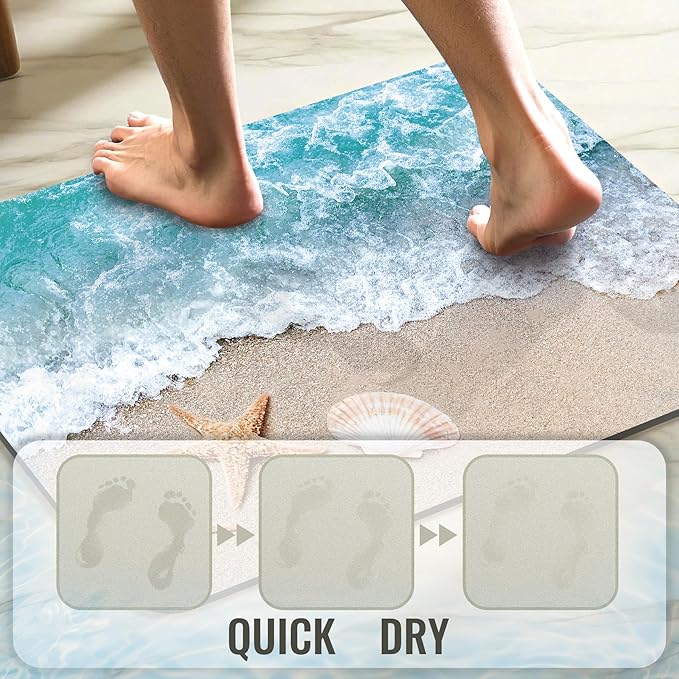 Quick Dry Bath Mat for Bathroom,Super Absorbent Beach Seashell Bath Rug Non-Slip Rubber Backing,Machine Washable Bathroom Floor Mat for Shower, Tub, Sink Area Ocean Blue (16"x24"+30"x20")