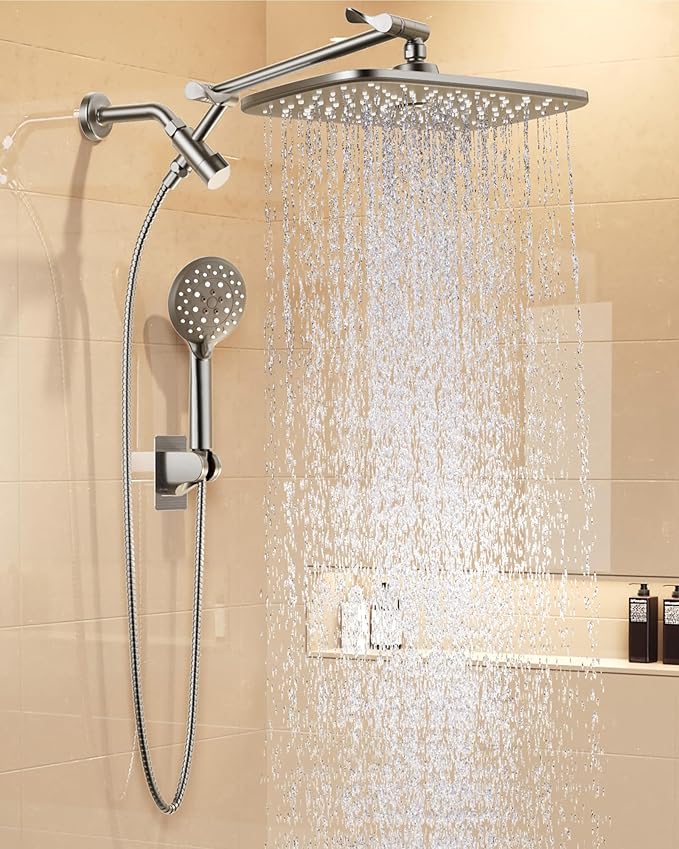 Veken 11.8" Rain Shower Head with Handheld, High Pressure Handheld Shower Heads with Multi Spray Modes,Rainfall Combo with 15" Metal Extension Arm,Detachable Dual Shower,Long 6 ft. Hose,Brushed Nickel