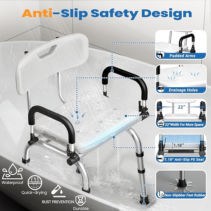 Swivel Shower Chair, 360° Rotating Adjustable Shower Seat with Pivoting Arms & Padded Seat, Heavy Duty 400 lbs Bath Chair for Elderly and Disabled in Shower Stall & Bathtub