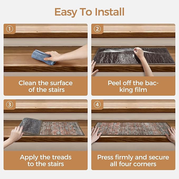 sarben Carpet Stair Treads Non Slip 15PCS, 8" X 30" Edging Stair Runner for Wooden Steps Indoor, Resistant Stair Rug with Reusable TPE Adhesive Backing, Residue Free Mat for Elders, Pets, Terracotta