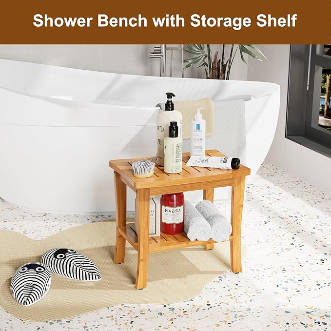 Bamboo Shower Bench Stool with Storage Shelf Waterproof Shower Chair Spa Bath Seat First Apartment Essentials New Home Must Haves Things Stuff Accessories House Warming Hostess Host
