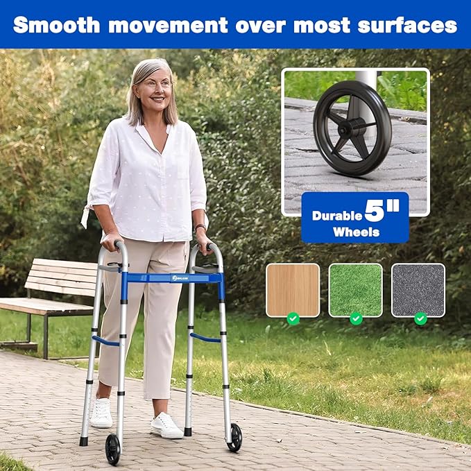 Whlicks Narrow Folding Walkers for Seniors,Aluminum Lightweight Walkers with Wheels, Adjustable Width and Height Front Wheel Walker for Elderly and Disabled, Supports up to 350 lbs