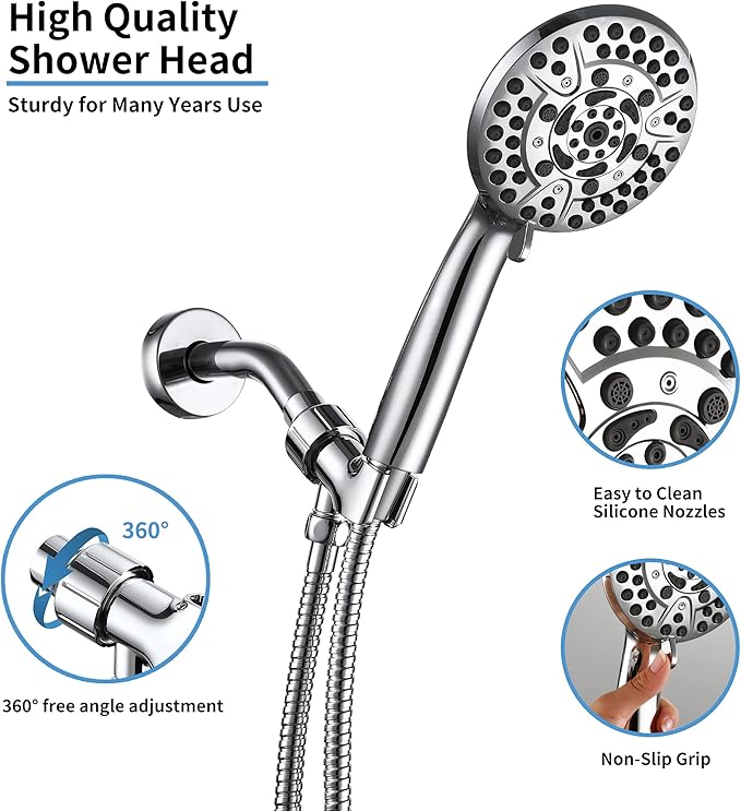 Iopsk 10 Spray Shower Head with Handheld,High Pressure shower heads with Handheld Spray Combo,Hand Held Shower Head with 60 Inch Long Hose (Chrome)