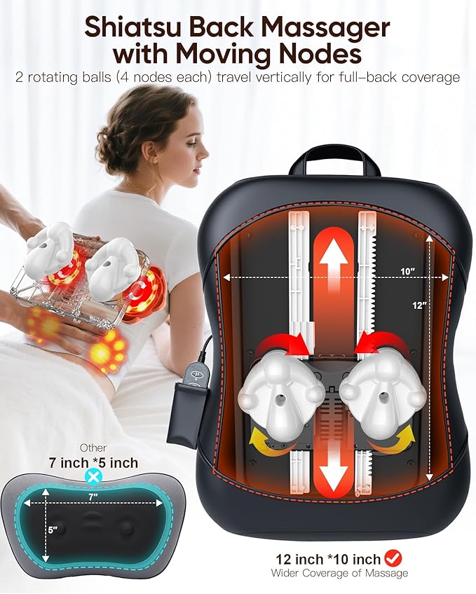 Back Massager for Pain Relief Deep Tissue : Rolling Up and Down, Not Just 4 Fixed Spots, Lower Back Massager with Heat, Shiatsu Kneading Massage for Office Home Car Use