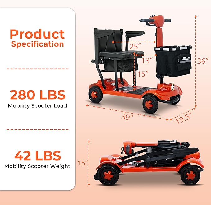 LIFEMAGIC Electric Mobility Scooter 24 Mile Long Range, 42lb Ultra Lightweight Folding Electric Scooter for Seniors, Travel-Friendly with Removable Basket, Cruise & Airline Approved