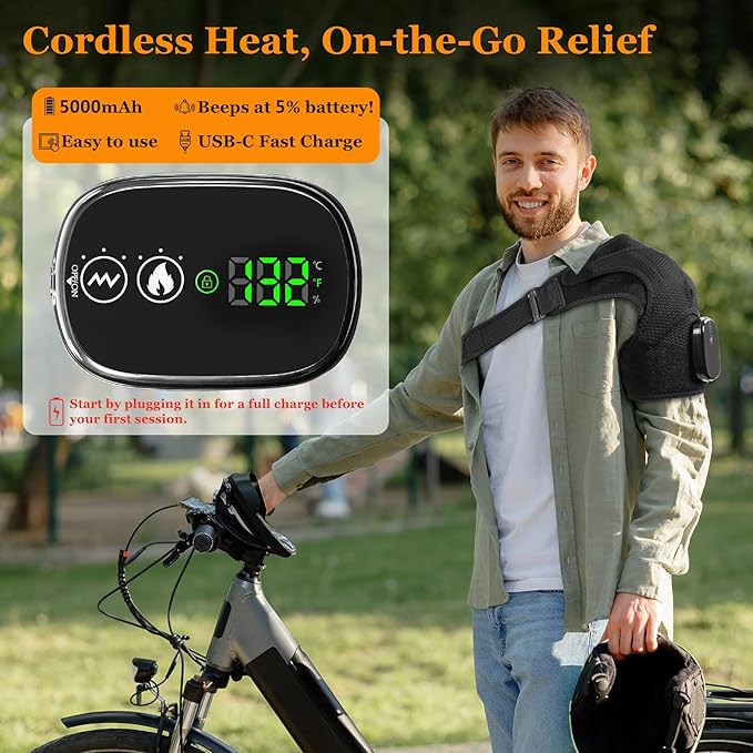 Cordless Shoulder Heating Pad & Massager, Electric Heated Shoulder Brace Wrap, Heating Pads for Rotator Cuff and Frozen Pain Relief,5000mAh Chargeable Powered, Men & Women, Black