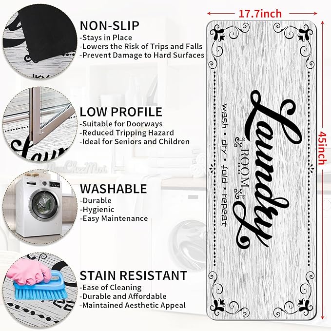 Laundry Room Rug Runner, 17.7"x45" Non Slip Laundry Runner Rugs, Farmhouse Washable Floor Laundry Mats for Laundry Room, Mudroom, Kitchen, Washroom, Bathroom, Hallway Entryway Area Rugs Decor