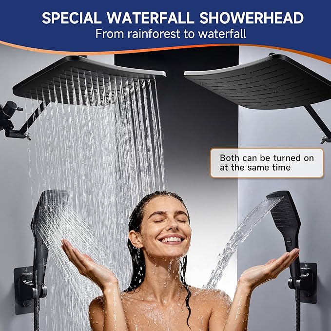 XXL 12.2" Rain Shower Head with Handheld Spray Combo, High Pressure Rainfall Shower Head, Height Adjustable Dual Shower Head, Luxury Waterfall Showerhead Bathroom