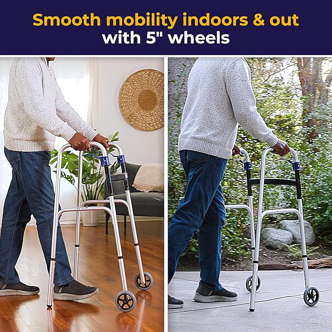 Drive Medical Trigger Release Folding Walker - Lightweight Brushed Steel Design - Easy Trigger Folding Mechanism - 5 Inch Wheels - Contoured Hand Grips - Senior Mobility Aid