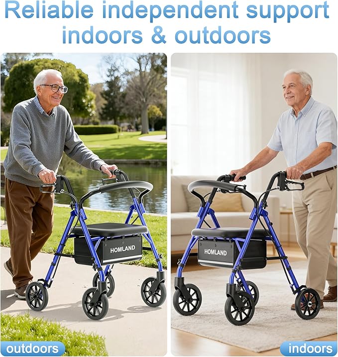 16 Pounds Lightweight Walkers for Seniors with Seat, Narrow Rolling Walker with 4 Puncture-Resistant Wheels, 5-Level Height Adjustable, 300 lbs Weight Capacity (Blue)