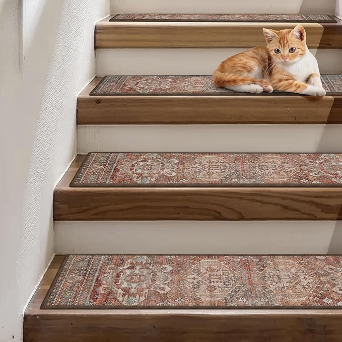 Non Slip Stair Treads for Wooden Steps 15PCS - 8"x30" Indoor Safety Carpet, Edging Mats with TPE Adhesive Backing, Pet and Elderly Friendly Stair Rugs (Brick)