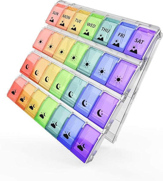 Fullicon Weekly Pill Organizer 4 Times a Day, Large Capacity Pill Case with Easy Fill, Medicine Organizer for Vitamin, Supplement & Pill, Great Gifts for Seniors (Clear Rainbow) - Patent Pending