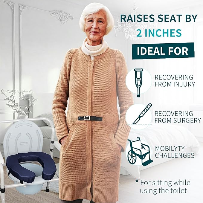Raised Toilet Seat Cushion – High-Density Foam Booster Pad for Elderly, Seniors, Disabled – Toilet Riser for Standard & Elongated Toilets – Commode Seat Cushion Non-Slip & Easy to Clean (2 inches)