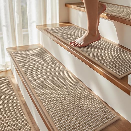 1PC Jute Stair Treads for Wooden Steps-Stairs Carpet Non Slip-Peel and Stick Stair Treads Indoor, Adhesive Staircase Step Treads Residue Free, Durable Natural Stair Runner Rug,8"x30" Beige