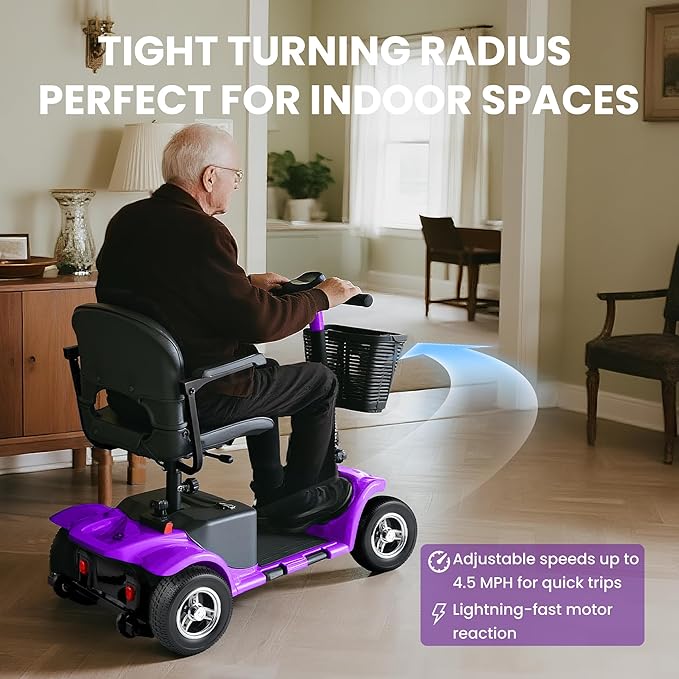 Arshin Mobility Scooter, Electric Foldable Mobility Scooter 300lbs Capacity with Detachable Battery, 15-Miles Powered Mobility Scooters for Seniors & Adults with USB Port, Charger Included (Purple)