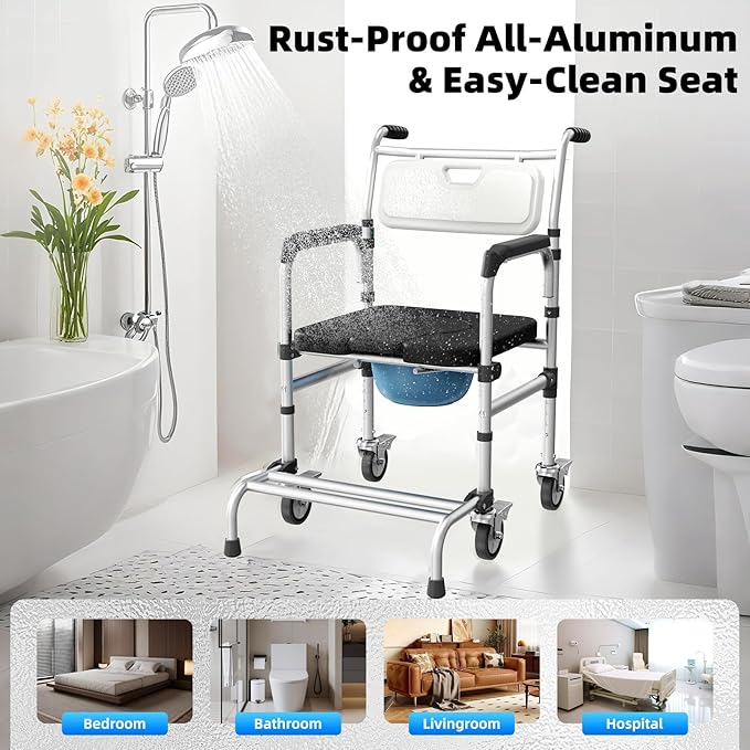 4 in 1 Rolling Bedside Commode Chair with Wheels for Elderly, Shower Chair with Handles, Adjustable Height Raised Toilet Seat for Seniors,Disabled and Pregnant Holds Up to 350 lbs (Black)