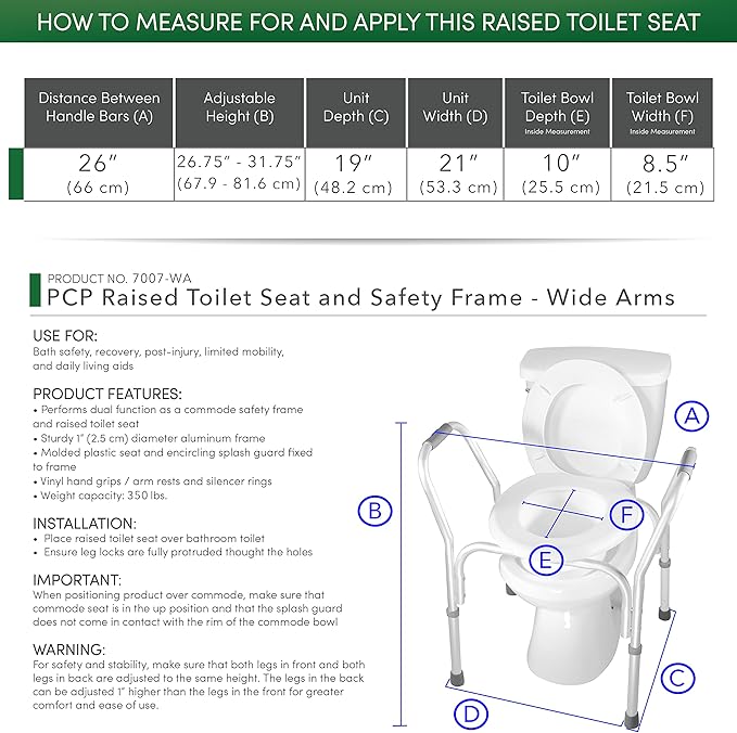 PCP Raised Toilet Seat and Safety Frame (Two-in-One), Wide Arms Rests, Adjustable Rise Height, Secure Elevated Lift Over Bowl, Made in USA, Wide Arms
