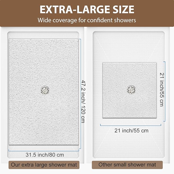 Shower Mat Non Slip: 47.2 x 31.5 Inch Extra Large Shower Mats for Inside Shower with Drain Hole - Soft PVC Loofah Anti Slip Shower Stall Mat for Walk-in Shower and Bathroom, Quick Drying